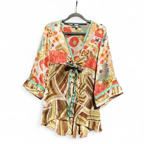 CAbi Tops - CAbi Silk Babydoll Kimono Vibrant Boho Front Tie Floral and Stripe Blouse S